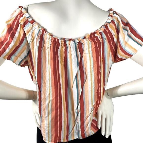 Pink Republic Juniors'  Ruched Neck Rust Ivory Blue Multi Color Strips Top Large - Picture 8 of 14